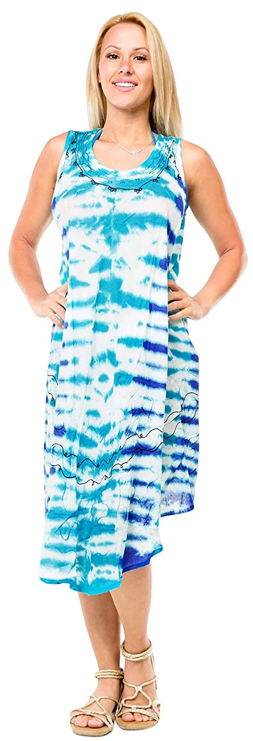 LA LEELA Women's Summer Casual Sleeveless Loose Swing T-Shirt Beach Sundress Rayon Tie Dye A