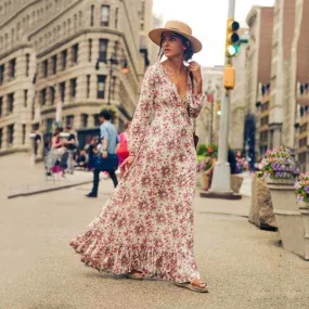 Lantern Sleeves and Flowy Hem Bohemian Maxi Dress