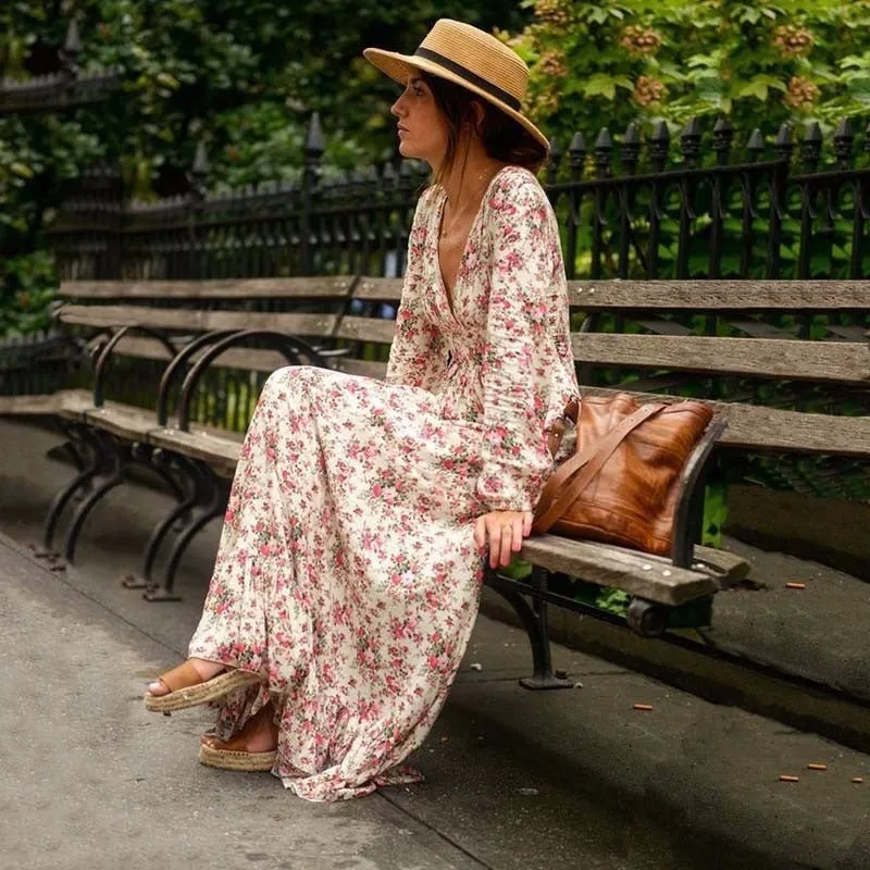 Lantern Sleeves and Flowy Hem Bohemian Maxi Dress
