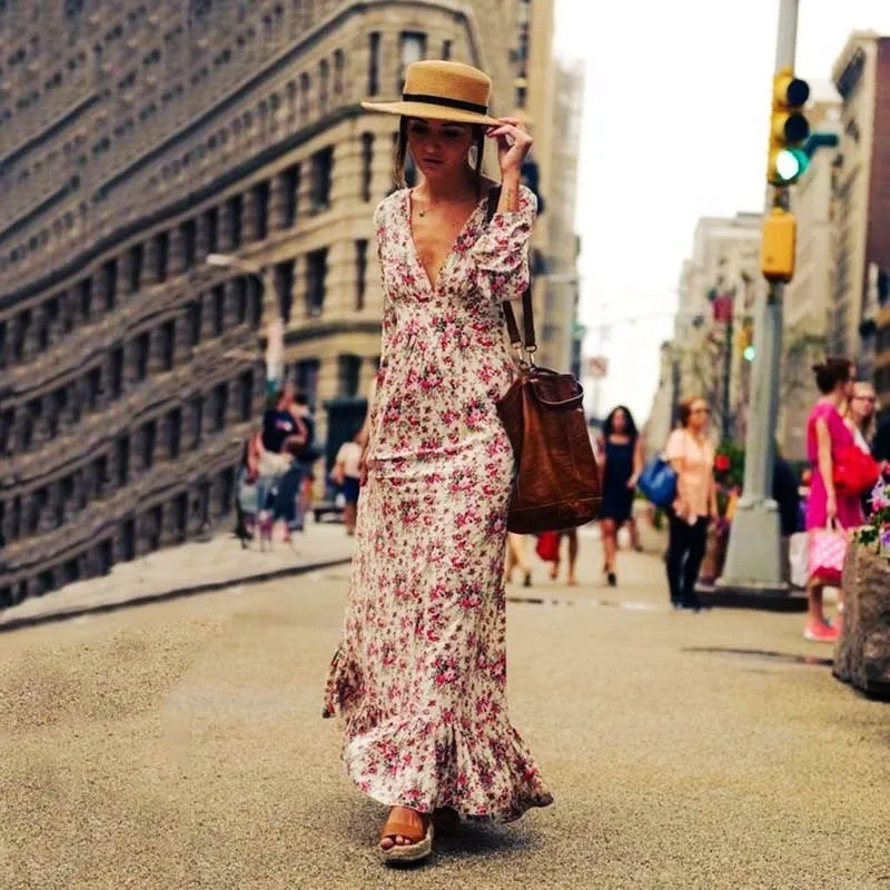 Lantern Sleeves and Flowy Hem Bohemian Maxi Dress