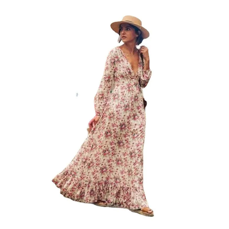 Lantern Sleeves and Flowy Hem Bohemian Maxi Dress