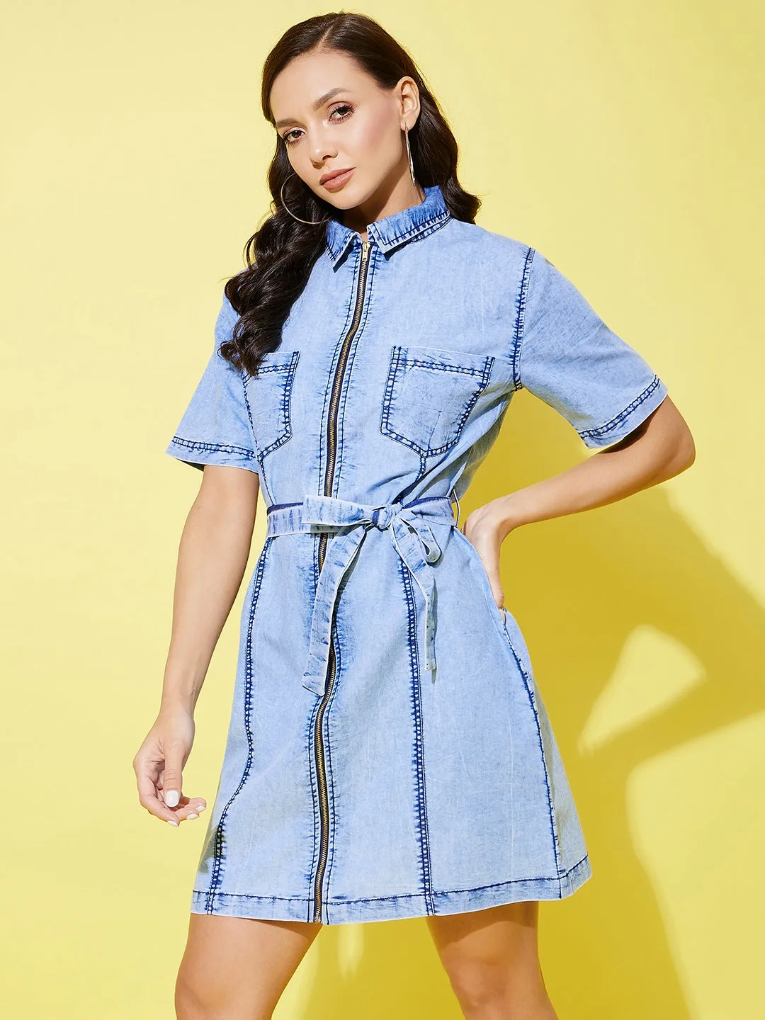 Light Blue Denim Toned Front Zip Dress