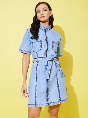 Light Blue Denim Toned Front Zip Dress