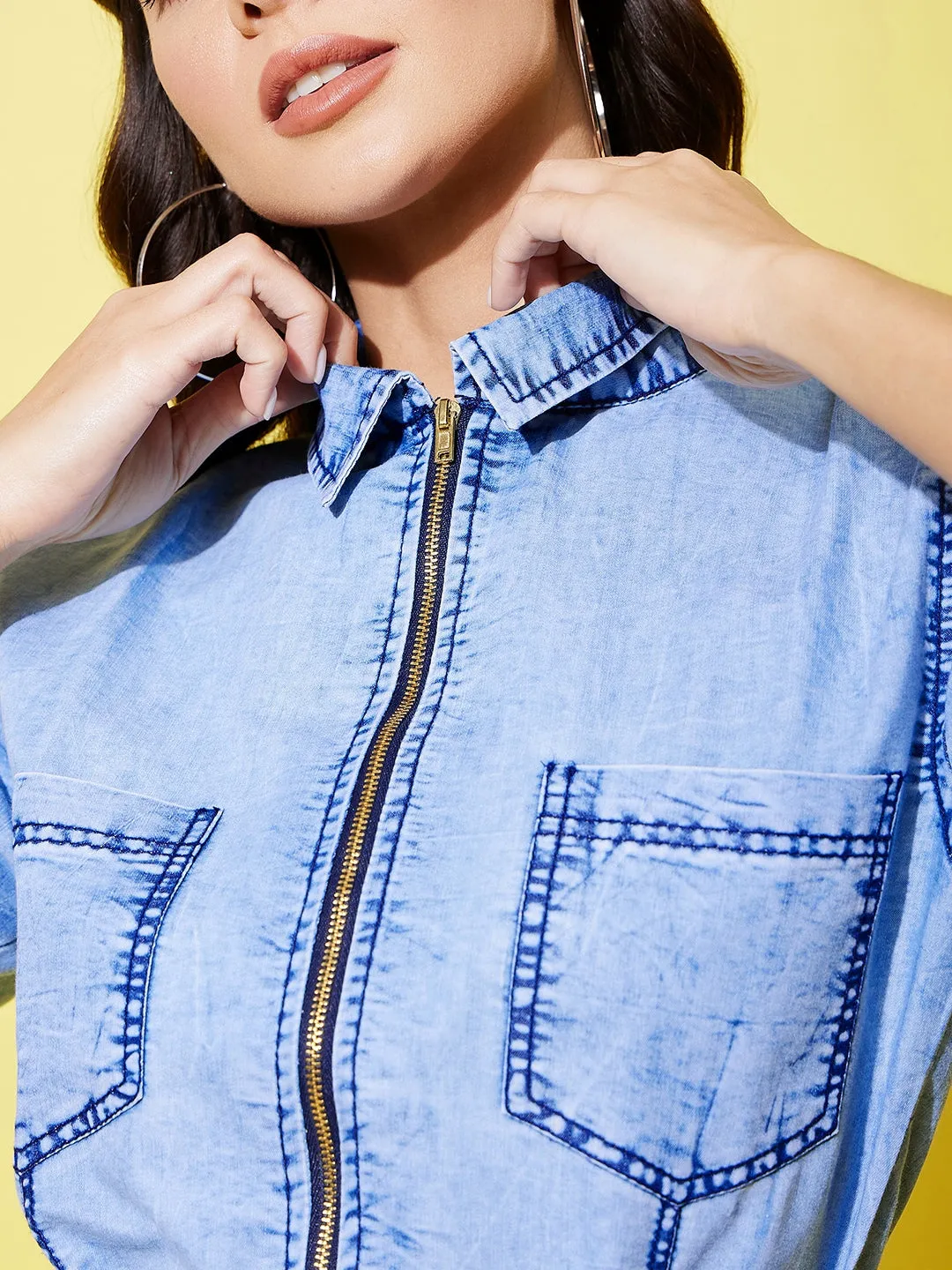 Light Blue Denim Toned Front Zip Dress