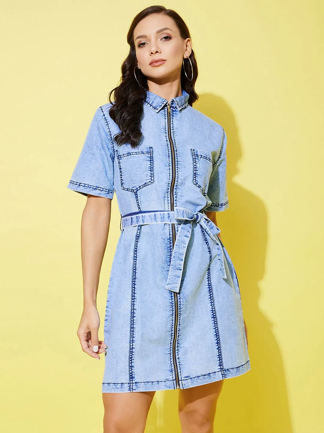 Light Blue Denim Toned Front Zip Dress
