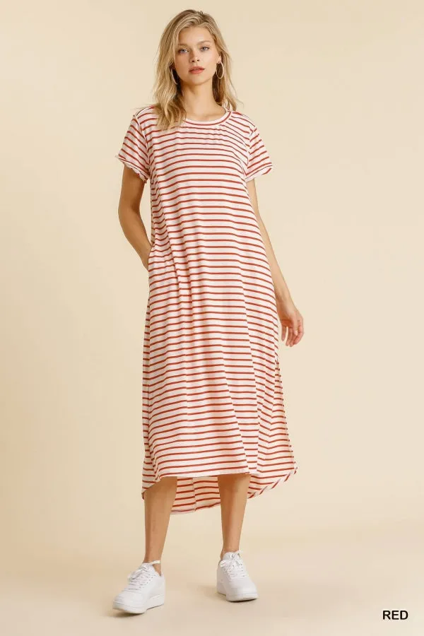 Maxi Striped T-Shirt Dress with Pockets and Side Slit Details