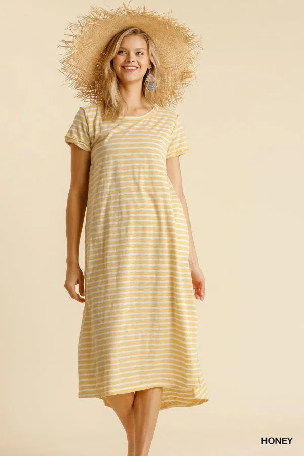 Maxi Striped T-Shirt Dress with Pockets and Side Slit Details