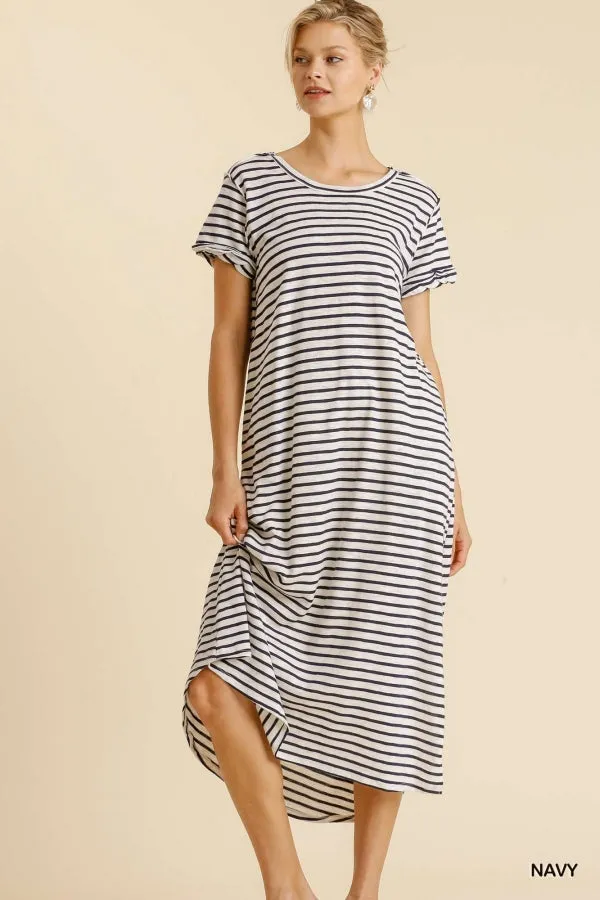 Maxi Striped T-Shirt Dress with Pockets and Side Slit Details