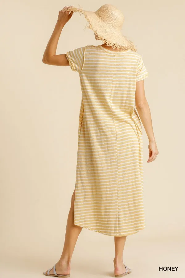 Maxi Striped T-Shirt Dress with Pockets and Side Slit Details