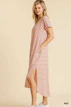 Maxi Striped T-Shirt Dress with Pockets and Side Slit Details