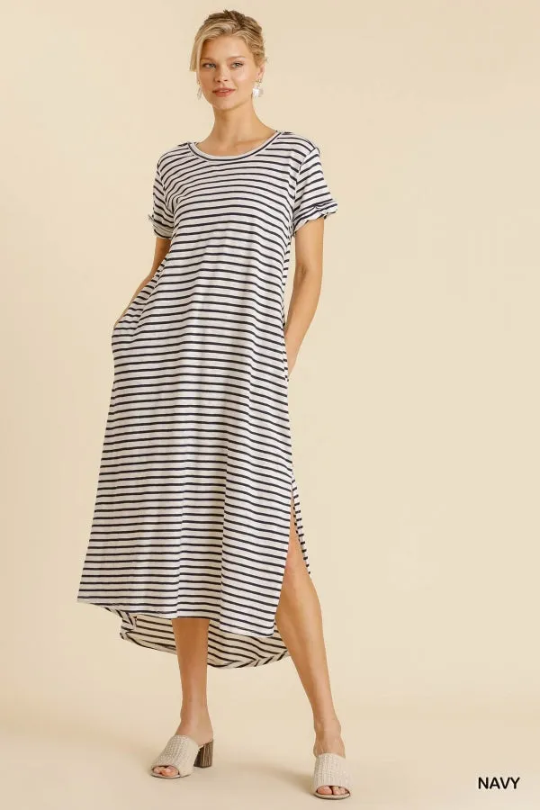 Maxi Striped T-Shirt Dress with Pockets and Side Slit Details