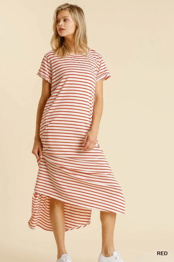 Maxi Striped T-Shirt Dress with Pockets and Side Slit Details