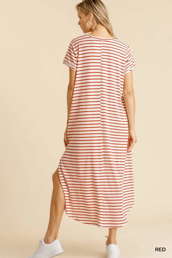 Maxi Striped T-Shirt Dress with Pockets and Side Slit Details