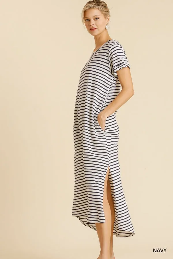 Maxi Striped T-Shirt Dress with Pockets and Side Slit Details