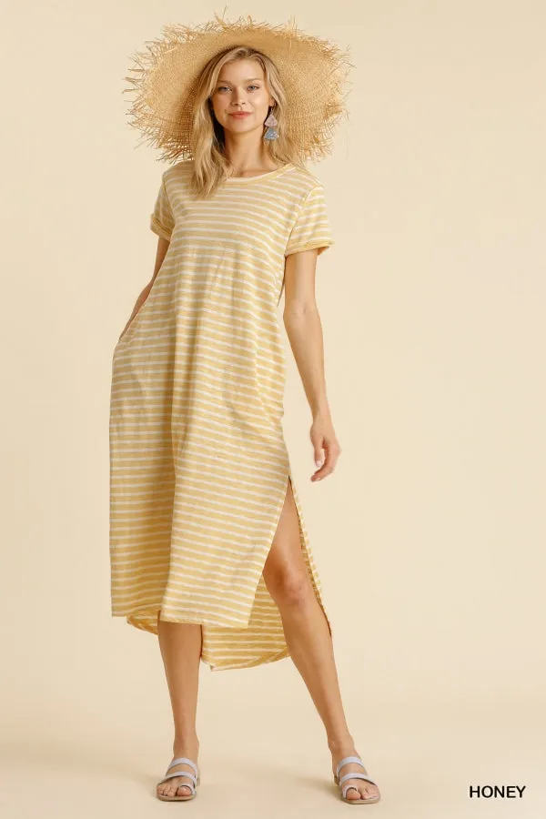 Maxi Striped T-Shirt Dress with Pockets and Side Slit Details