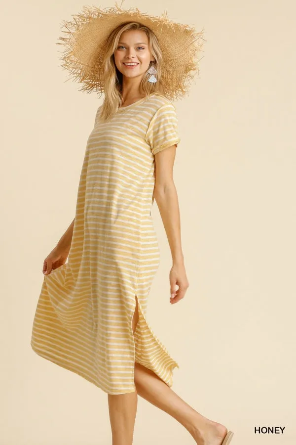 Maxi Striped T-Shirt Dress with Pockets and Side Slit Details