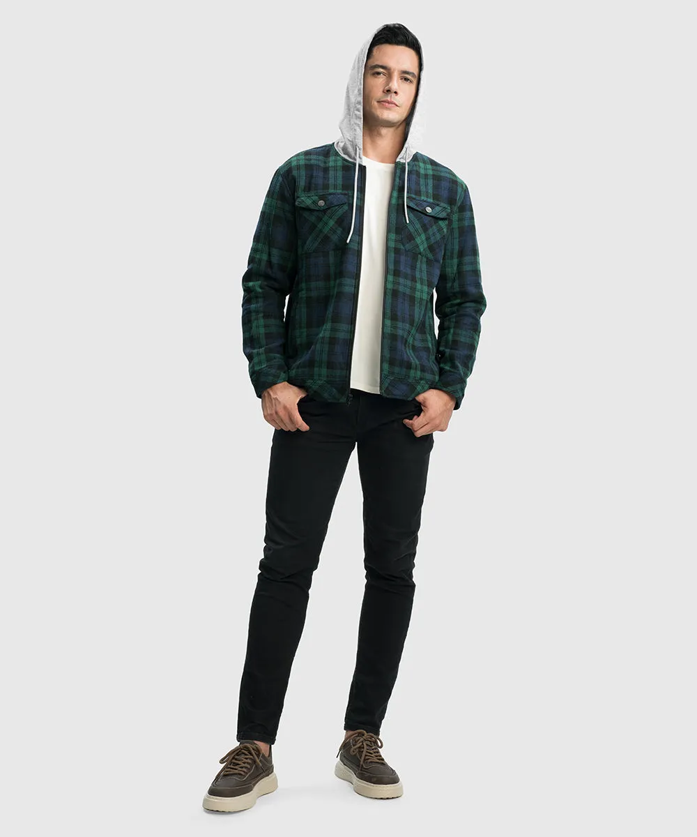 Men's Fleece Buffalo Plaid Button-Down Hooded Shirt