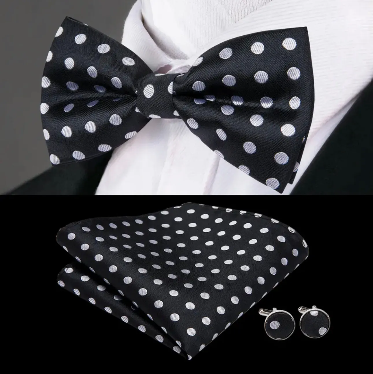 Men’s Silk Coordinated Black Bow Tie Set - Black with White Polka Dots 0755