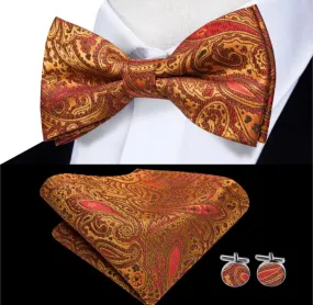 Men’s Silk Coordinated Black Bow Tie Set - Burnt Orange Paisley 0741