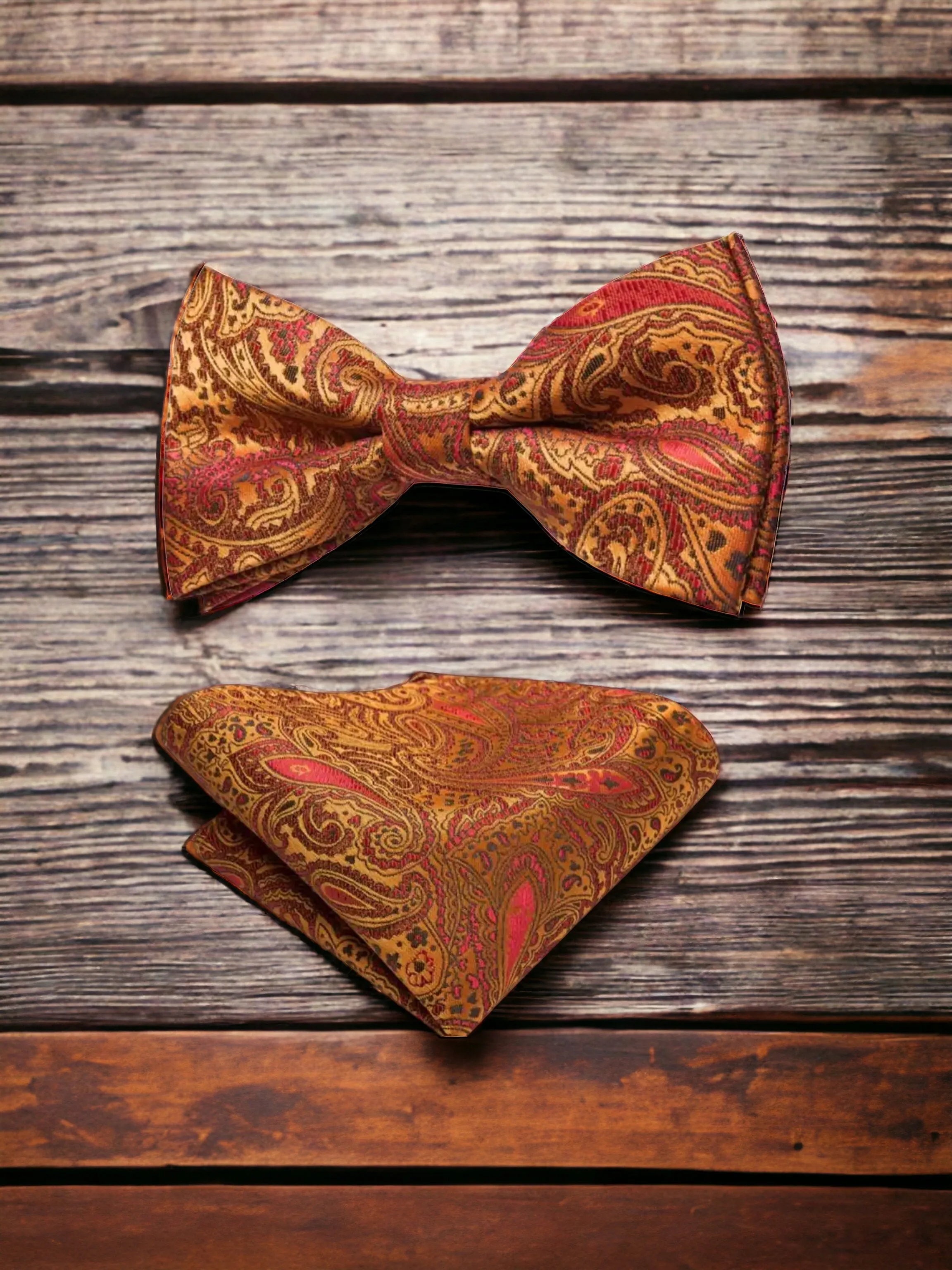 Men’s Silk Coordinated Black Bow Tie Set - Burnt Orange Paisley 0741