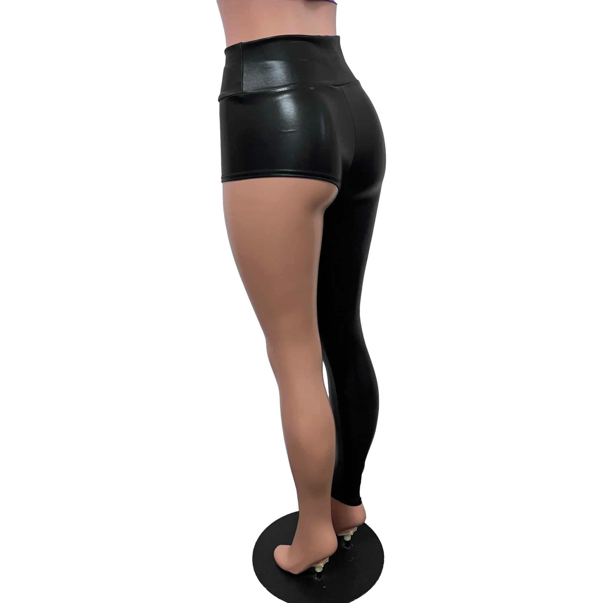 Metallic Black Faux Leather One-Leg Leggings Pants