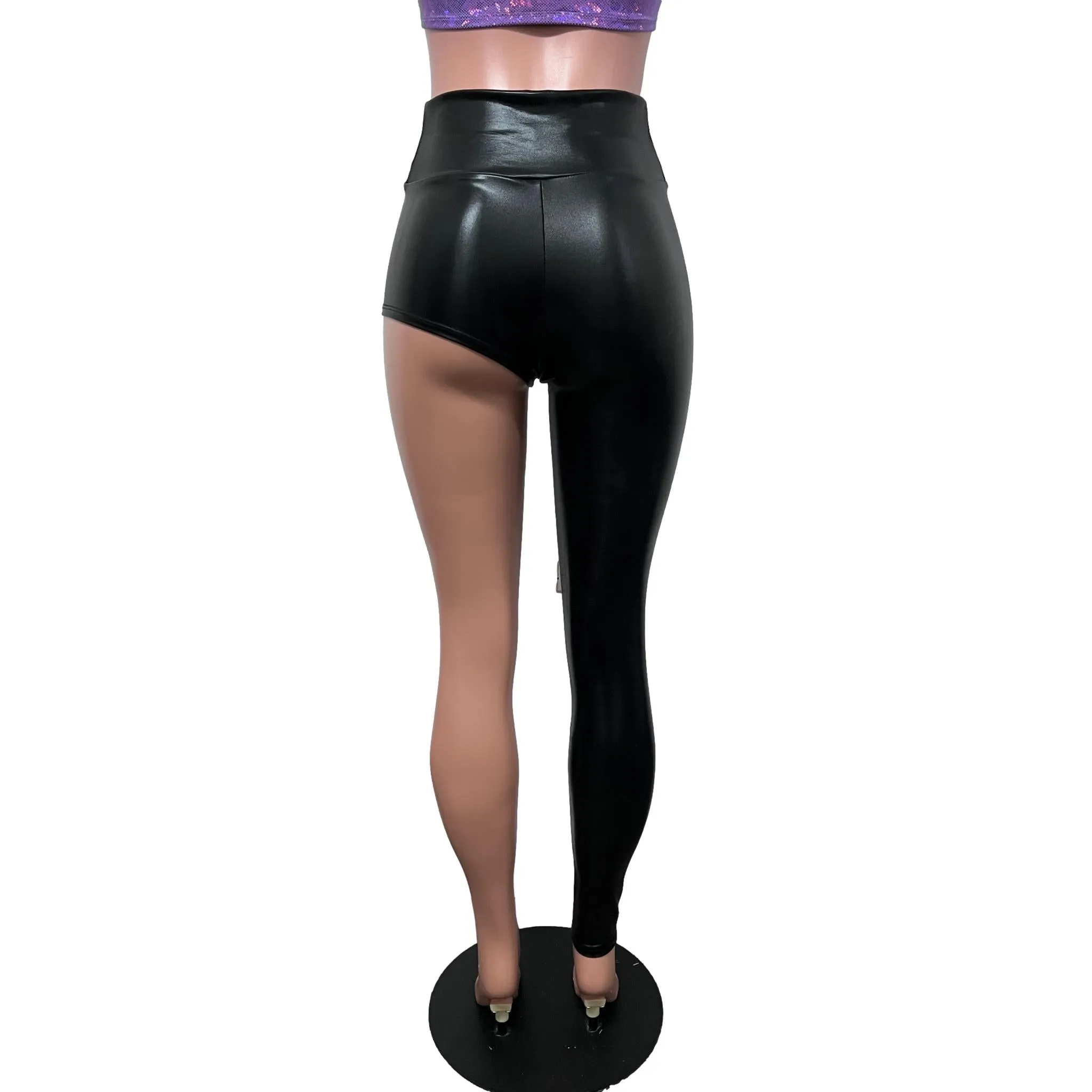 Metallic Black Faux Leather One-Leg Leggings Pants