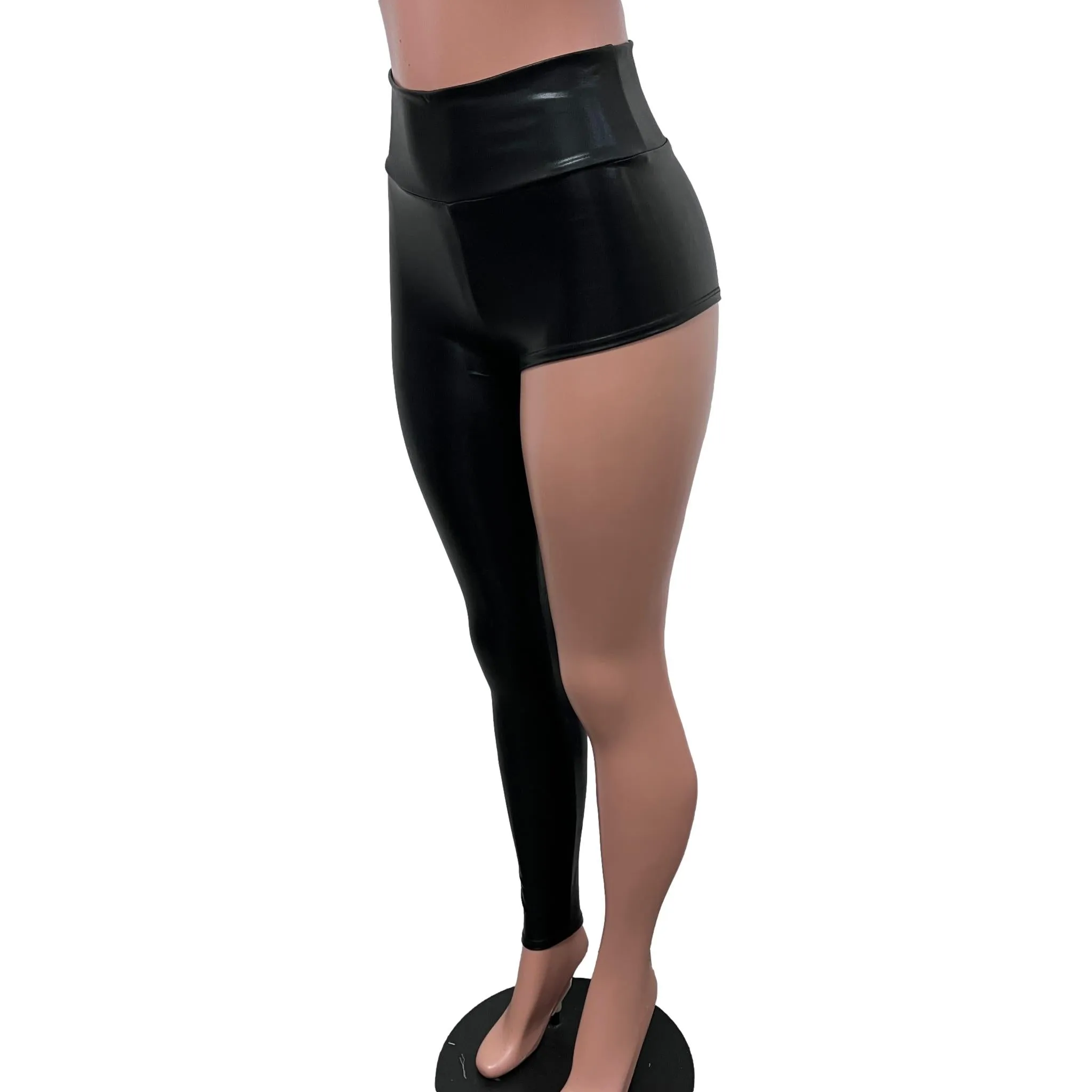 Metallic Black Faux Leather One-Leg Leggings Pants