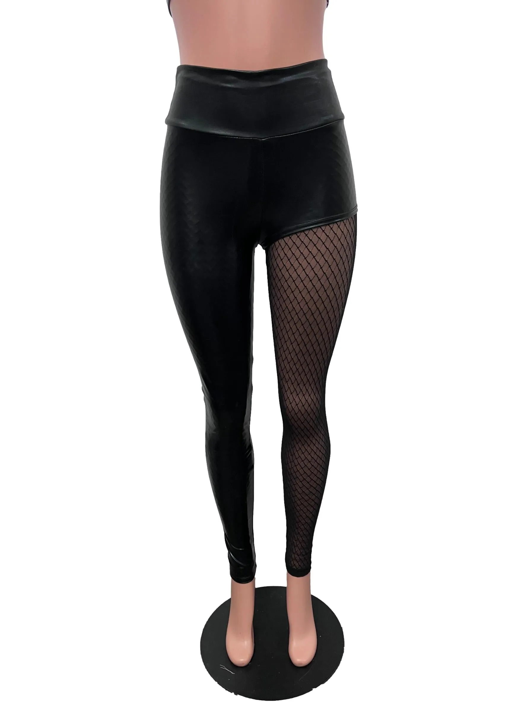Metallic Black Faux Leather One-Leg Leggings Pants