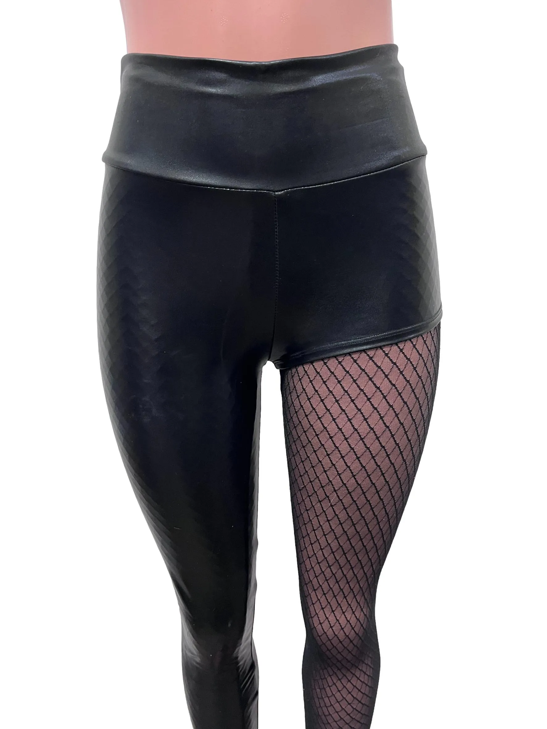 Metallic Black Faux Leather One-Leg Leggings Pants