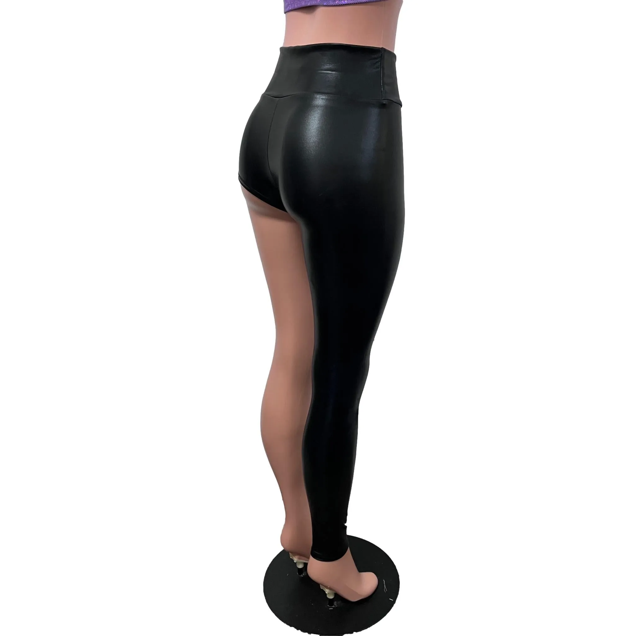 Metallic Black Faux Leather One-Leg Leggings Pants