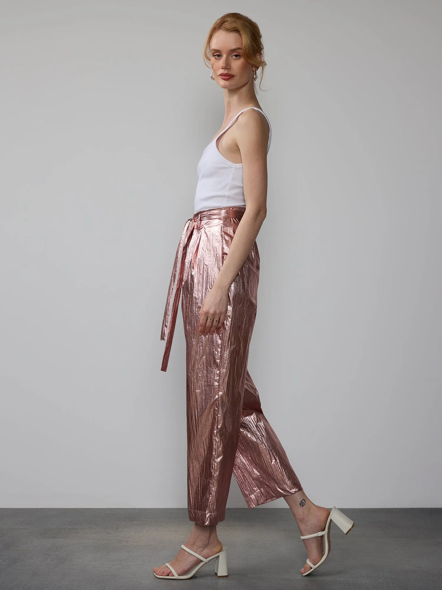 Metallic Crinkle Cropped Pants