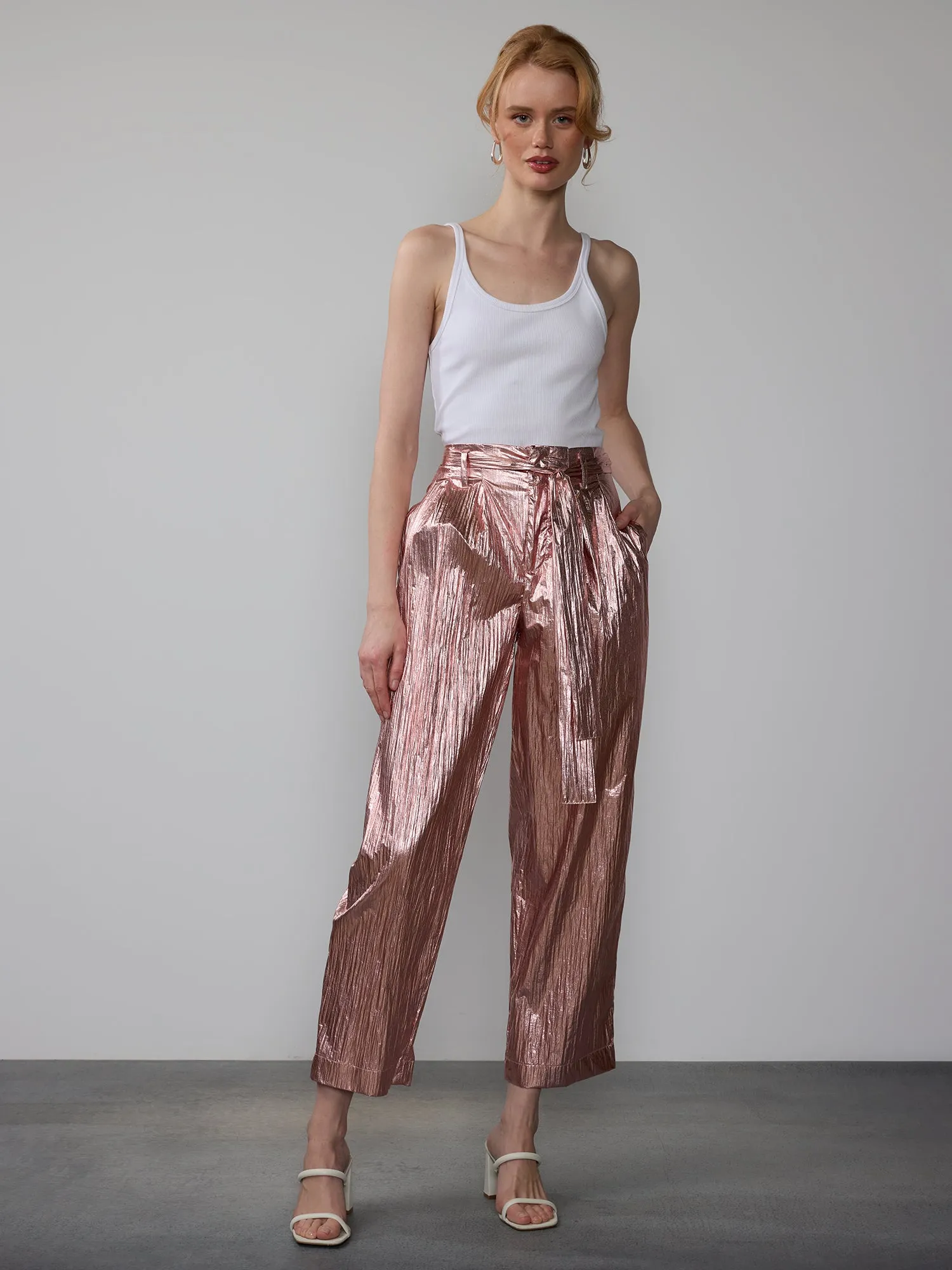 Metallic Crinkle Cropped Pants