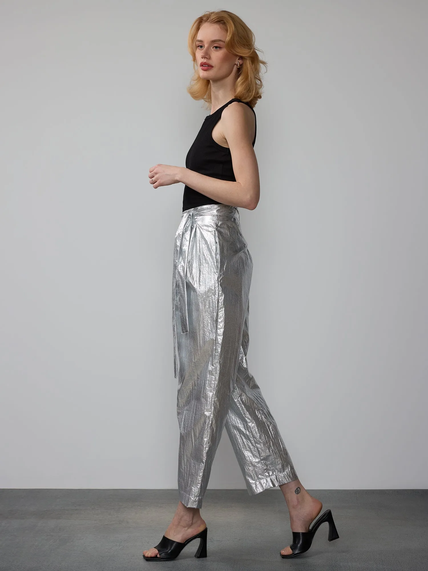 Metallic Crinkle Cropped Pants
