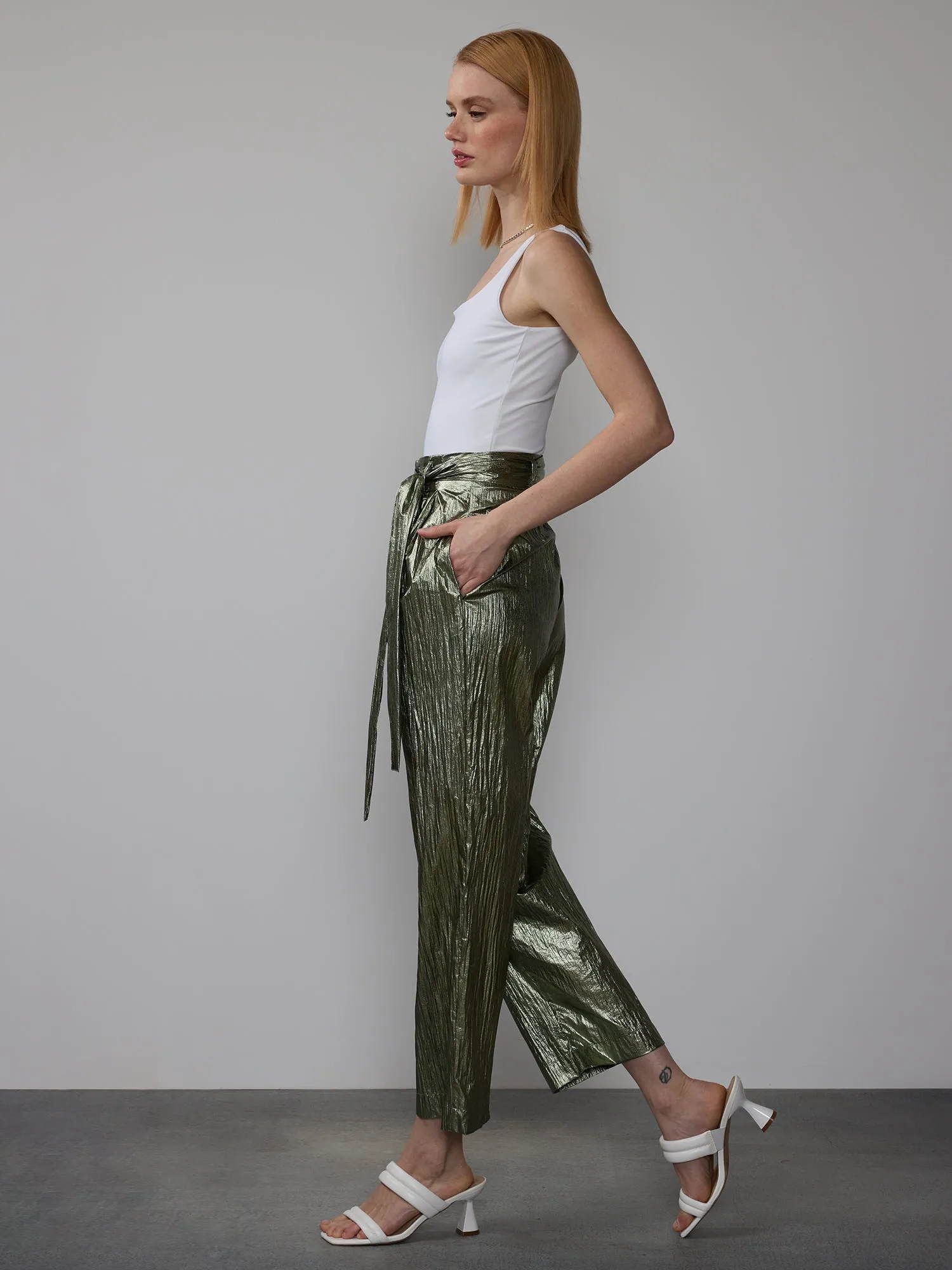Metallic Crinkle Cropped Pants