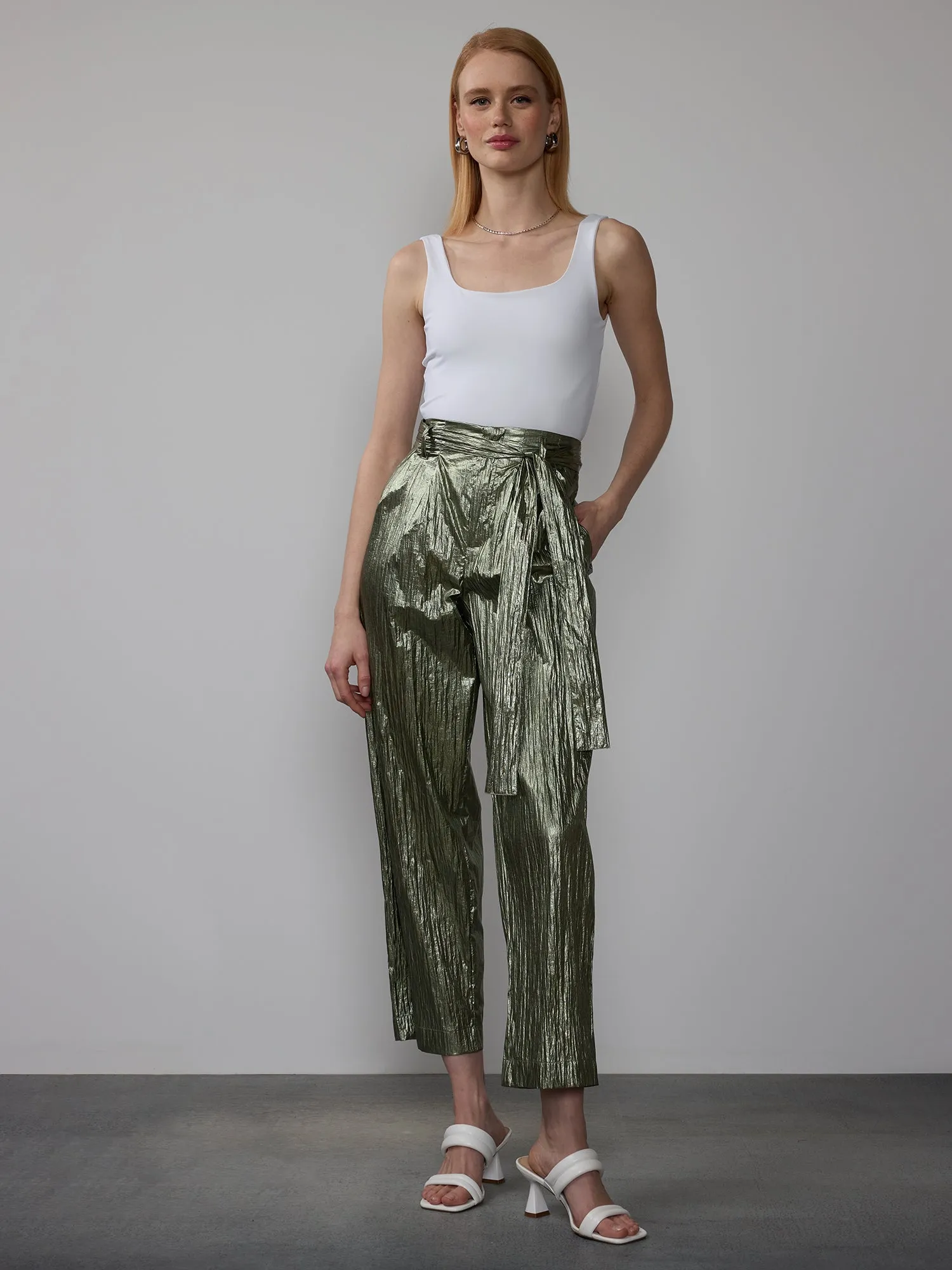Metallic Crinkle Cropped Pants
