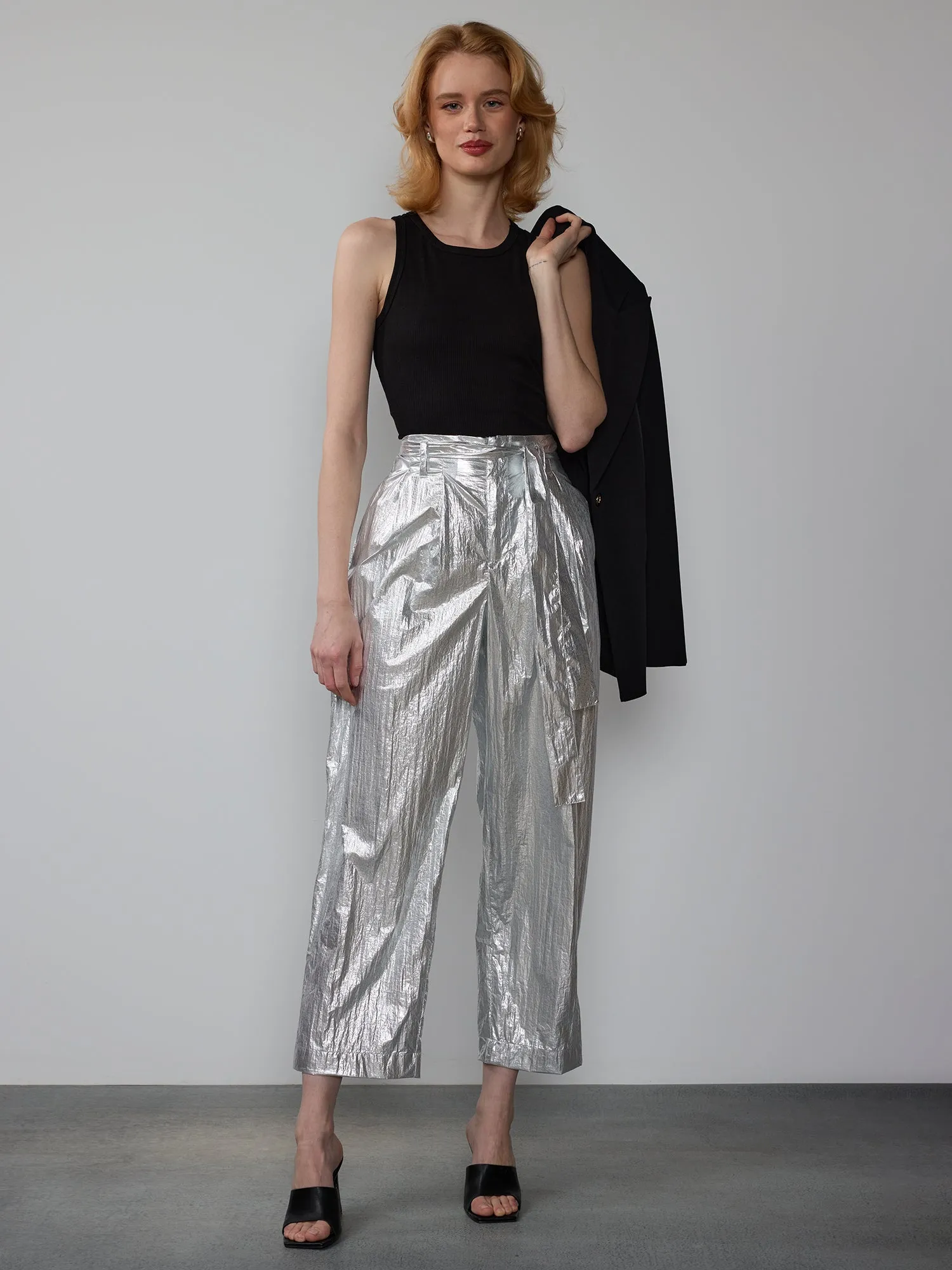 Metallic Crinkle Cropped Pants