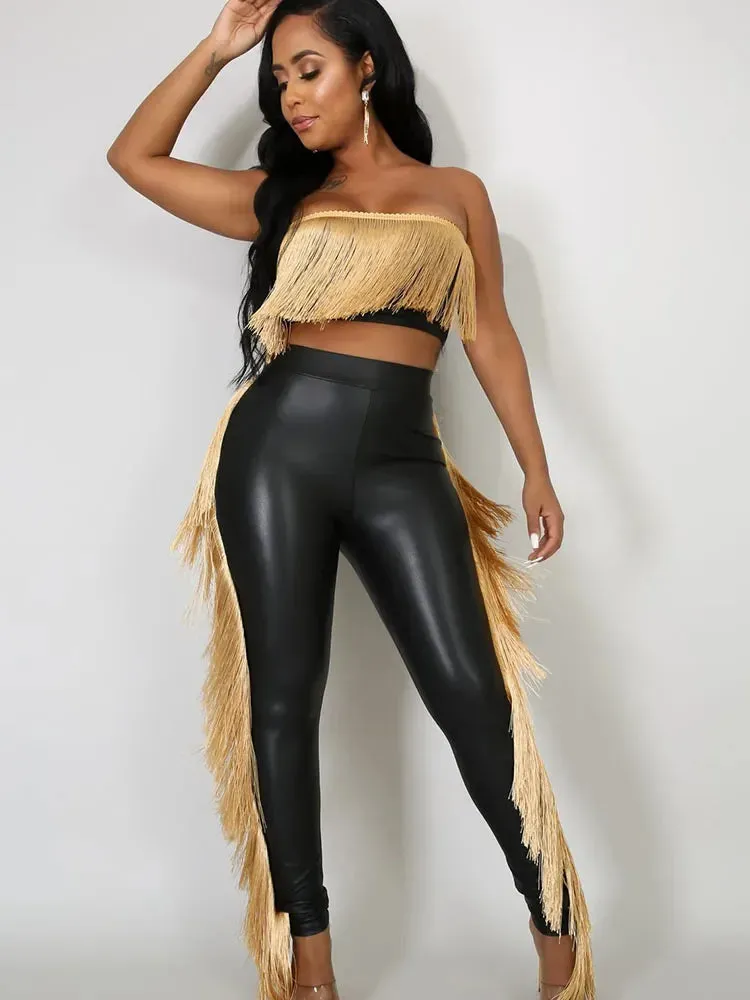 Metallic Tassel Crop Top Pants Sets