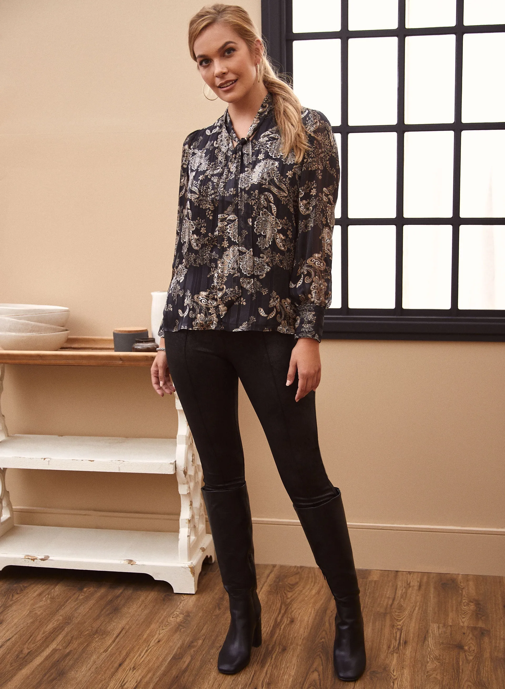 Metallic Tie Neck Blouse
