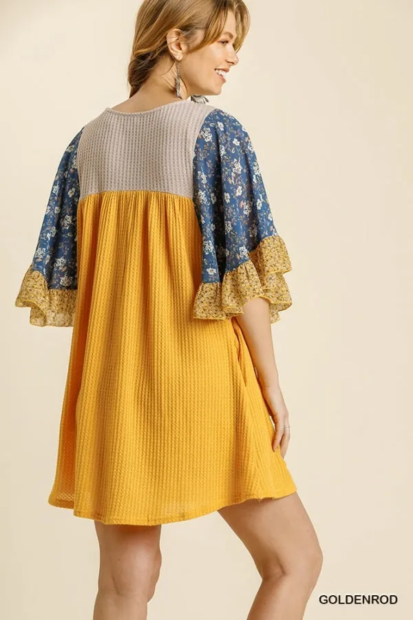 Mixed Floral Print Ruffled Bell Sleeve Waffle Knit Dress