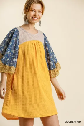 Mixed Floral Print Ruffled Bell Sleeve Waffle Knit Dress