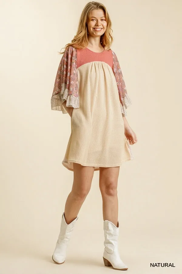 Mixed Floral Print Ruffled Bell Sleeve Waffle Knit Dress