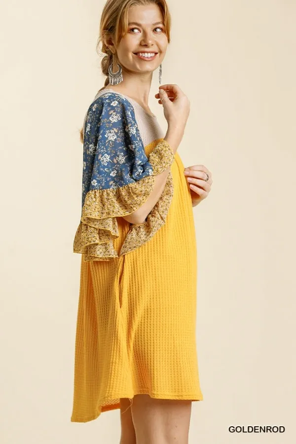 Mixed Floral Print Ruffled Bell Sleeve Waffle Knit Dress