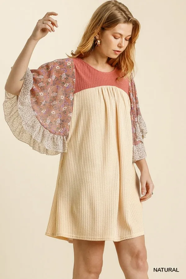 Mixed Floral Print Ruffled Bell Sleeve Waffle Knit Dress