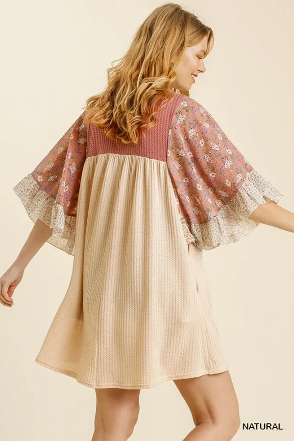 Mixed Floral Print Ruffled Bell Sleeve Waffle Knit Dress