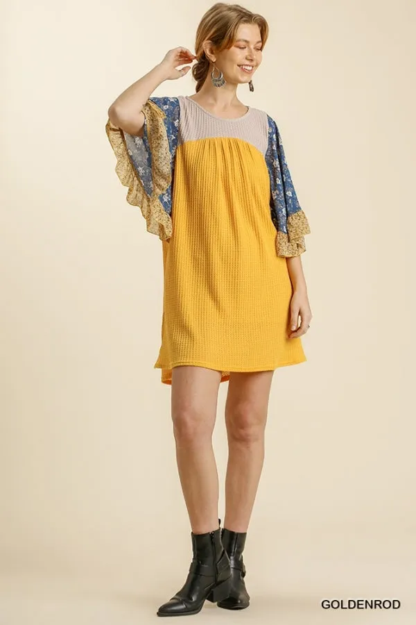 Mixed Floral Print Ruffled Bell Sleeve Waffle Knit Dress