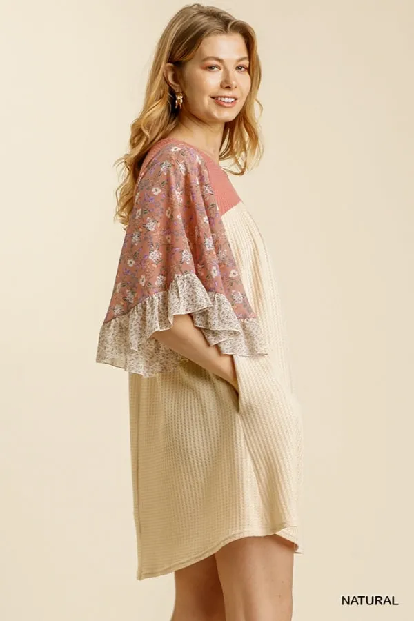 Mixed Floral Print Ruffled Bell Sleeve Waffle Knit Dress