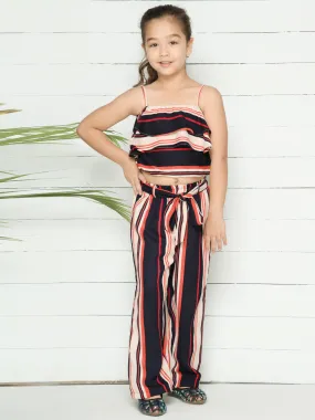 Navy Beige Striped Coordinated Pant Set