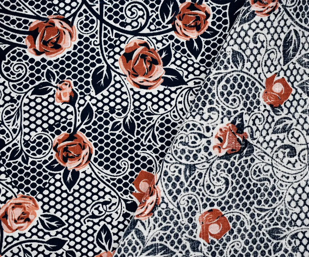 Navy-Peach-Orange Floral Mesh Pattern Printed Linen Woven Fabric
