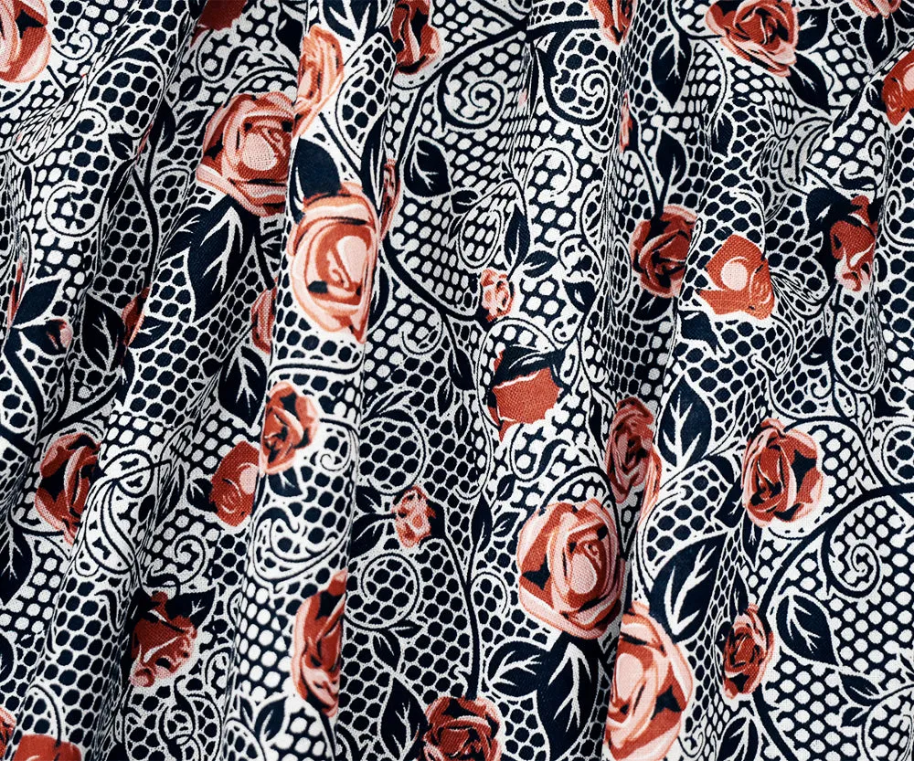 Navy-Peach-Orange Floral Mesh Pattern Printed Linen Woven Fabric