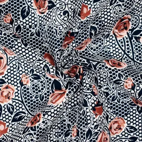 Navy-Peach-Orange Floral Mesh Pattern Printed Linen Woven Fabric